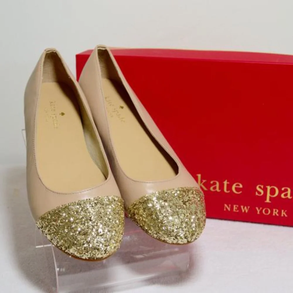 Kate Spade Nude New Gold Glitter Cap Toe Ballet Flats 🏷️ NWT